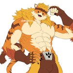 5_fingers abs anthro biceps blonde_hair bottomwear brown_bottomwear brown_clothing brown_fingerless_gloves brown_gloves brown_handwear brown_headwear brown_pants brown_striped_fur brown_stripes brown_tail_tip cheek_tuft claws clothing dipstick_tail facial_tuft fangs finger_claws fingerless_gloves fingers fur fur_tuft gloves hair hand_on_hip hand_on_own_hip handwear headgear headwear looking_at_viewer male markings multicolored_body multicolored_fur muscular muscular_anthro muscular_male nipples open_mouth open_smile orange_body orange_fur pants pecs simple_background smile solo striped_body striped_fur striped_markings striped_tail stripes tail tail_markings teeth tongue tuft white_background white_body white_fur white_inner_ear yellow_bottomwear yellow_clothing yellow_pants axelshrine epic_games fortnite meowscles meowtooth domestic_cat felid feline felis mammal pantherine tiger 1:1 2024 hi_res unfinished