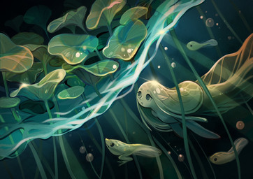 ambiguous_gender detailed_background female feral group lily_pad plant pointy_ears swimming tail underwater water feefal amphibian frog humanoid tadpole tadpole_humanoid hi_res