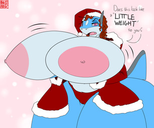 anthro areola belly big_areola big_breasts big_tail black_text blue_body blue_legs blue_skin blue_tail breasts christmas_clothing christmas_headwear clothed clothed_anthro clothed_female clothing costume dialogue female female_anthro fin grey_ears hair hat headgear headwear holidays huge_areola huge_breasts huge_tail hyper hyper_breasts nipples non-mammal_areolas non-mammal_breasts non-mammal_nipples pink_areola pink_background pink_eyes pink_mouth pink_nipples pink_tongue red_hair santa_costume santa_hat simple_background small_nipples solo tail talking_to_viewer text tongue white_belly white_body white_breasts white_skin shannon_shark_(artist) christmas shannon_shark aquatic carpet_shark fish ginglymostomatid nurse_shark shark 6:5 absurd_res english_text hi_res