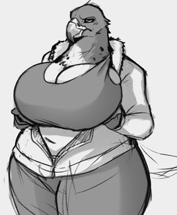 anthro beak big_breasts breasts clothed clothing eyelashes female female_anthro front_view holding_breast huge_breasts mouth_closed narrowed_eyes navel non-mammal_breasts non-mammal_navel overweight overweight_anthro overweight_female simple_background solo standing wide_hips jezzlen avian bird falcon falconid monochrome portrait sketch three-quarter_portrait