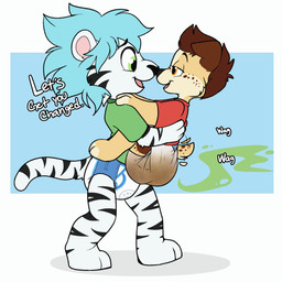 anthro black_stripes blue_hair brown_hair clean_diaper clothing dialogue diaper duo feces fur green_clothing green_eyes green_shirt green_topwear hair half-closed_eyes hand_on_shoulder hand_on_torso male narrowed_eyes nuzzling open_mouth open_smile orange_eyes pull-ups_(diaper) red_clothing red_shirt red_topwear shirt side_view small_tail smile soiled_diaper spots stink_fumes stripes tail tail_motion tailwag tan_body tan_fur tongue topwear unclean_diaper used_diaper white_body white_fur young young_anthro young_male baltnwolf canid canine canis domestic_dog felid lion mammal pantherine 1:1 hi_res