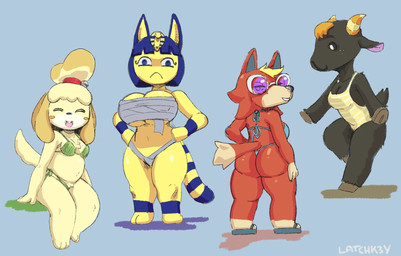 anthro bell bell_collar bikini black_body black_fur blonde_hair blue_background blue_bikini blue_body blue_clothing blue_eyes blue_fur blue_hair blue_swimwear breasts butt chest_tuft chest_wraps clothed clothed_anthro clothed_female clothing collar dipstick_tail eyes_closed eyewear feet female fingers flip_flops footwear front_view frown fur green_bikini green_clothing green_swimwear group hair hands_on_hips happy head_turned hooves horn humanoid_hands looking_at_viewer looking_back low-angle_view markings medium_breasts medium_hair navel one-piece_swimsuit open_mouth open_smile orange_body orange_fur orange_hair plantigrade pose rear_view sandals shadow shoes short_hair short_tail simple_background sitting skimpy smile standing striped_markings stripes sunglasses swimwear tail tail_markings text toes tuft two-piece_swimsuit under_boob wraps yellow_body yellow_fur latchk3y animal_crossing nintendo ankha_(animal_crossing) audie_(animal_crossing) isabelle_(animal_crossing) nan_(animal_crossing) bovid canid canine canis caprine domestic_cat domestic_dog felid feline felis goat mammal shih_tzu toy_dog wolf 2020 artist_name colored full-length_portrait hi_res portrait shaded