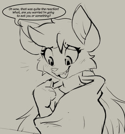 anthro bedding blanket blush blush_lines claws clothed clothed_anthro clothed_female clothing dialogue eyelashes fangs female fully_clothed fully_clothed_anthro fully_clothed_female shirt solo speech_bubble teeth text topwear muhny chloe_(muhny) domestic_cat felid feline felis mammal english_text sketch