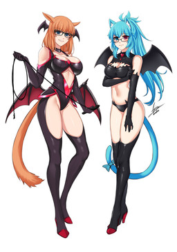 accessory armwear blue_eyes blue_hair boots bow_ribbon breasts clothing costume duo elbow_gloves eyewear female footwear furgonomics glasses gloves hair handwear heterochromia high_heeled_boots high_heels legwear leotard orange_hair pupils ribbons shoes simple_background slit_pupils tail tail_accessory tail_bow tail_ribbon thigh_boots thigh_highs whip white_background wings airisubaka animal_humanoid cat_humanoid felid felid_humanoid feline feline_humanoid humanoid mammal mammal_humanoid 2020 absurd_res hi_res