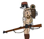 anthro backpack black_body black_fur brown_clothing brown_hat brown_headwear canteen clothed clothing colonial fully_clothed fur gun hat headgear headwear holding_gun holding_object holding_ranged_weapon holding_rifle holding_weapon lee-enfield male military_uniform open_mouth patch_(fabric) ranged_weapon rank rifle rifle_sling simple_background sleeping_bag snout solo standing tail tan_clothing uniform weapon web_gear white_background white_body white_fur battlehusk us_cannonfodder badger european_badger mammal meles mustelid musteline 2023 collaboration digital_drawing_(artwork) digital_media_(artwork) drawpile_(artwork) flat_colors hi_res portrait three-quarter_portrait