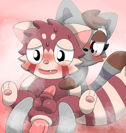 anal anal_penetration anus assisted_sex balls blush bodily_fluids brown_hair fangs feral genitals grey_body grey_eyes group hair holding_another lying male male/male male_penetrated male_penetrating male_penetrating_male markings motion_lines narrowed_eyes on_back open_mouth paws penetration pink_background red_body semi-anthro sex simple_background striped_markings striped_tail stripes sweat tail tail_markings teeth trio twitching conditional_dnp frchpk aejae_(frchpk) nyose_(frchpk) tiberius_magnus ailurid mammal procyonid raccoon red_panda 2025