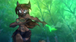 anthro breasts brown_body brown_fur brown_hair clothed clothing female fur glowing hair heterochromia long_hair navel outside plant solo topwear tree tube_top david_lillie twokinds natani canid canine canis keidran mammal wolf 16:9 2024 animated hi_res no_sound short_playtime webm widescreen