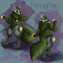 anthro biped cybernetics detailed_fur fluffy fluffy_tail fur green_body green_fur horn machine male neck_tuft nude screen screen_face simple_background smile solo standing tail text tuft acacia_dune primapan primagen 1:1 detailed english_text hi_res model_sheet