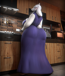 anthro appliance big_breasts big_butt blush breasts butt clothed clothing dress eyelashes female food kitchen kitchen_appliance looking_at_viewer looking_back mature_anthro mature_female pastry pie seductive short_tail solo tail thick_thighs white_body kvnpoulsen dogzeela_(modeler) undertale_(series) toriel boss_monster_(undertale) bovid caprine mammal 2026 3d_(artwork) digital_media_(artwork) hi_res