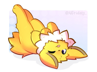 ambiguous_gender blep blue_eyes brown_nose feral fur head_tuft lying nude on_back one_eye_closed paws pink_tongue simple_background smile solo tongue tongue_out tuft yellow_body yellow_fur 4friday nintendo pokemon eeveelution generation_1_pokemon jolteon pokemon_(species) 4:3 colored digital_drawing_(artwork) digital_media_(artwork) hi_res shaded