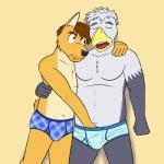 1:1 anthro avian beak beard bird blue_clothing blue_underwear briefs bulge canid canine canis clothed clothing coyote cuddling duo erection facial_hair fuze genitals grope hair hand_in_underwear hi_res james_oliver male male/male mammal moan mustache parent_(lore) pattern_clothing pattern_underwear penis rod_reyes striped_briefs striped_clothing striped_underwear stripes texnatsu topless underwear