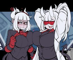 annoyed arms_above_head big_breasts blush breast_squish breasts breasts_frottage clothed clothing coat duo embarrassed female fully_clothed hair horn lab_coat necktie not_furry pointed_tail red_eyes squish suit topwear white_hair krekk0v helltaker azazel_(helltaker) loremaster_(helltaker) lucifer_(helltaker) demon humanoid hi_res