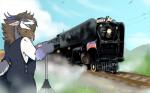 2_horns american_flag anthro bell blue_body blue_eyes blue_fur brown_hair camera clothing cloud flag fluffy fluffy_tail fur grey_body grey_fur hair horn logo multicolored_body multicolored_fur open_mouth overalls pink_ears pink_nose purple_horn railway_track short_tail sky smile solo steam steam_locomotive tail text train tripod united_states_of_america utility_line vehicle white_body white_fur white_text wire danji-isthmus union_pacific_railroad malley_(possumbite07) american_opossum avian badger bird bovid caprine goat hybrid mammal marsupial monster mustelid musteline 16:10 digital_drawing_(artwork) digital_media_(artwork) digital_painting_(artwork) hi_res widescreen