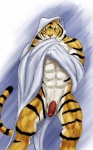 abs anthro balls bed_sheet bedding black_body black_fur flaccid front_view fur genitals green_eyes looking_at_viewer male muscular muscular_anthro muscular_male penis solo standing stripes white_body white_fur yellow_body yellow_fur rwolf felid mammal pantherine tiger