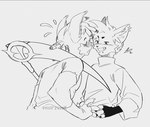 4_fingers anthro blush cheek_tuft clothed clothed_anthro clothed_male clothing dreadlocks duo ear_piercing eyebrows facial_piercing facial_tuft fingerless_gloves fingers fur gloves handwear head_tuft heart_symbol inner_ear_fluff lip_piercing long_sleeve_shirt male male/male male_anthro melee_weapon piercing polearm scythe shirt smile snakebite_piercing t-shirt teeth text topwear tuft weapon noirzvault the_lunar_flame leonardo_soleon samuel_limbo canid canine canis domestic_cat domestic_dog felid feline felis mammal 2025 artist_name black_and_white digital_drawing_(artwork) digital_media_(artwork) greyscale hi_res line_art monochrome