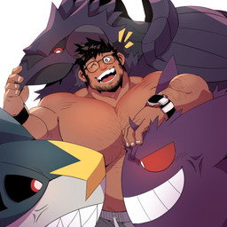 beard big_muscles big_pecs black_body black_hair blue_body clock clothed clothing eyewear facial_hair feral fur glasses group hair male muscular muscular_human muscular_male one_eye_closed open_mouth open_smile pecs purple_body purple_fur sharp_teeth smile teeth topless watch wink wristwatch kokukokuboo nintendo pokemon corviknight generation_1_pokemon generation_3_pokemon generation_8_pokemon gengar human mammal pokemon_(species) sharpedo 1:1 hi_res