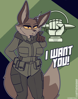 5_fingers anthro biped bottomwear breasts brown_body brown_fur brown_tail clothed clothed_anthro clothed_female clothing countershade_torso countershading ear_piercing female fingers front_view fully_clothed fully_clothed_anthro fully_clothed_female fur looking_at_viewer piercing solo standing tail tail_motion tailwag topwear the_man foxhole:_persistant_online_warfare i_want_you amber_(schmutzo) canid canine fox mammal 2025 2d_animation animated digital_drawing_(artwork) digital_media_(artwork) frame_by_frame hi_res