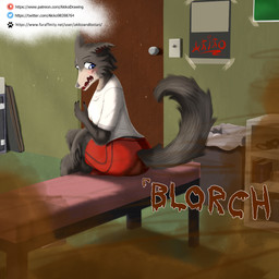 accident anthro bench bottomwear clothing drama_club embarrassed fart feces feces_in_ass female locker_room on_bench organs pooped pooping purple_eyes red_bottomwear red_clothing red_shorts school school_uniform shocked shorts sitting sitting_on_bench soiled soiling solo stomach stomach_ache text uniform akikoandlostari beastars juno_(beastars) canid canine canis mammal wolf 1:1 url