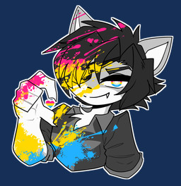 5_fingers anthro black_hair clothed clothing eyebrows fangs fingers fur hair lgbt_pride male pansexual_pride_colors pride_colors solo teeth munkeesgomu munks_(munkeesgomu) domestic_cat felid feline felis mammal hi_res