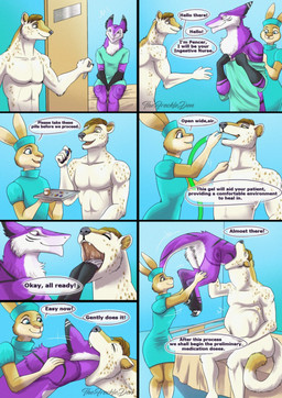 abdominal_bulge anthro anthro_pred anthro_prey assisted_vore bed belly big_belly black_body black_fur blue_eyes brown_body brown_fur brown_hair buckteeth claws clothed clothed_anthro clothed_female clothing dialogue dipstick_ears dipstick_tail drugs ear_markings eyes_closed female finger_claws fur fur_markings furniture gloves_(marking) greeting group hair headgear headwear healing_vore hospital hospital_bed hospital_gown hospital_room long_ears looking_at_another male male_pred male_prey markings mouth_shot multicolored_ears neck_bulge nude_anthro nude_male nurse nurse_clothing nurse_headwear on_bed open_mouth open_smile oral_vore pecs pill_bottle pills purple_body purple_eyes purple_fur sharp_teeth sitting sitting_on_bed smile speech_bubble spots spotted_body spotted_fur tail tail_markings talking_to_another tan_body tan_fur teeth text trio tube tube_in_mouth vore white_body white_fur willing_pred willing_prey yellow_eyes thefreckleden pencer_pine_(pencer) lagomorph leporid mammal mustelid musteline rabbit sergal true_musteline weasel artist_name comic english_text hi_res