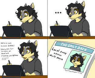 anthro black_hair clothed clothing comic_panel detailed_background dialogue hair humor joke male newspaper nyukake shirt simple_background solo t-shirt tablet tablet_pen text topwear yellow_eyes zooshi zooshi_(character) canid canine canis mammal wolf absurd_res english_text hi_res meme