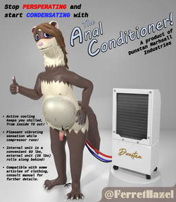 abdominal_bulge advertisement air_conditioner anal anal_penetration anthro balls blue_eyes brown_body brown_fur brown_hair buttplug buttplug_in_ass buttplug_insertion condensation flaccid fur genitals gesture hair hand_gesture huge_buttplug huge_penetration long_neck male multicolored_body nervous nervous_smile nipples nude object_in_ass penetration penis plug_(sex_toy) plug_insertion ridiculous_fit sex_toy sex_toy_in_ass sex_toy_insertion solo tail tan_body tan_fur text thumbs_up two_tone_body ferrethazel hazel_(ferrethazel) domestic_ferret mammal mustelid musteline true_musteline weasel 3d_(artwork) digital_media_(artwork) english_text hi_res