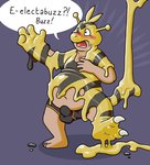 2020 2_toes 4_fingers 5_toes anthro belly big_belly biped black_body black_tail blueballs blush bulge claws clothed clothing dialogue digital_drawing_(artwork) digital_media_(artwork) electabuzz erection erection_under_clothing feet fingers generation_1_pokemon glistening goo_transformation human human_to_anthro latex latex_transformation liquid_latex loss_of_speech male mammal markings multicolored_tail nintendo open_mouth overweight overweight_male pokemon pokemon_(species) pokemon_speak simple_background solo species_transformation speech_bubble striped_markings striped_tail stripes tail tail_markings text toe_claws toes toony topless transformation two_tone_tail underwear yellow_body yellow_tail