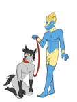 5_fingers 5_toes anthro anthro_on_anthro balls bdsm biped black_body black_feet black_fur black_hair black_nose black_tail blonde_hair blue_body blue_eyes blue_fur circumcised collar duo facial_hair feet fingers flaccid front_view fur genitals glans grey_body grey_fur grey_nipples hair holding_leash holding_object humanoid_genitalia humanoid_penis interspecies kneeling leash looking_at_another male male/male navel nipples nude orange_eyes penis petplay pink_glans plantigrade pokemorph red_collar red_leash roleplay simple_background smile standing tail toes white_background yellow_balls yellow_body yellow_fur yellow_penis yellow_sclera fuze nintendo pokemon generation_3_pokemon manectric mightyena pokemon_(species) 2024 3:4 hi_res