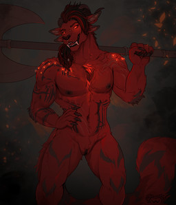 4_ears alternate_species andromorph anthro anthrofied arm_tuft axe biped black_body black_fur black_hair claws elbow_tuft facial_piercing fangs finger_claws flat_chested fur furrification genitals hair holding_axe holding_object horn intersex multi_ear multicolored_body multicolored_fur multicolored_hair muscular muscular_andromorph muscular_anthro muscular_intersex navel nose_piercing nose_ring nude nude_andromorph nude_anthro piercing red_body red_fur red_hair ring_piercing standing teeth tuft two_tone_body two_tone_fur two_tone_hair vulva sepiaflux baldur's_gate baldur's_gate_3 bioware electronic_arts guild_wars larian_studios karlach charr felid mammal 2024 digital_media_(artwork)