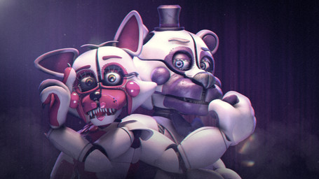 4_fingers anthro blue_eyes bow_tie claws clothing duo female fingers gesture glistening glistening_body hand_gesture hat headgear headwear inside looking_at_viewer machine male open_mouth pink_body purple_body raised_elbows raised_finger raised_index_finger sharp_teeth stage teeth top_hat white_body yellow_eyes qutiix_(artist) qutiix_(modeler) five_nights_at_freddy's scottgames sister_location funtime_foxy_(fnaf) funtime_freddy_(fnafsl) animatronic bear canid canine fox mammal robot robot_anthro 16:9 2016 3d_(artwork) digital_media_(artwork) hi_res source_filmmaker_(artwork) widescreen