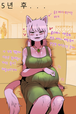 anthro blush breasts cleavage clothed clothing dialogue dress eyebrows eyelashes female fur furniture green_clothing green_dress hair hand_on_belly heart_symbol jewelry looking_at_viewer necklace pink_body pink_fur pink_hair pregnant pregnant_anthro ring smile sofa solo talking_to_viewer text bf_(artist) bagi_the_monster_of_mighty_nature osamu_tezuka bagi cougar felid feline mammal 2:3 absurd_res digital_media_(artwork) hi_res translation_request