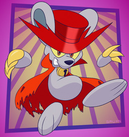 abstract_background anthro bell cape claws clothing floating_hands fur grey_body grey_fur hat headgear headwear limbless low-angle_view male smug solo toony torn_cape torn_clothing worm's-eye_view yellow_eyes gavanzude kirby_(series) nintendo daroach mammal murid murine rat rodent alternate_version_at_paywall digital_drawing_(artwork) digital_media_(artwork) hi_res signature