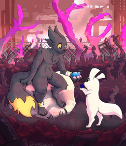 3_fingers 3_toes 4_fingers 4_toes accessory ambiguous_gender anthro arm_tuft bandage bartering berry biped black_body black_claws black_eyes black_fur black_nose black_tail bracelet building cheek_tuft chest_tuft city claws crotch_tuft detailed_background digitigrade duo ear_tuft eye_contact facial_tuft featureless_crotch feet fence fingers fluffy fluffy_tail food fruit fur furgonomics glistening glistening_eyes grass holding_food holding_object jewelry long_tail looking_at_another looking_down looking_up markings monotone_body monotone_fur multicolored_tail navel outside pawpads paws pink_pawpads pivoted_ears plant post-apocalyptic rock ruins semi-anthro shoulder_tuft sitting standing tail tail_accessory tail_jewelry tail_markings text toe_claws toes tree tuft two_tone_tail white_body white_ears white_fur white_tail yellow_body yellow_eyes yellow_fur yellow_markings yellow_sclera yellow_tail doublesnak casualties:_unknown rain_world videocult survivor_(rain_world) canid canine expie_(gunsawian) felid gunsawian hybrid mammal slugcat artist_name detailed digital_drawing_(artwork) digital_media_(artwork) hi_res shaded signature