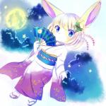 accessory anthro asian_clothing blue_eyes clothed clothing detailed_background dutch_angle east_asian_clothing female folding_fan footwear fur hair hair_accessory hand_fan japanese_clothing kemono kimono moon night sandals shoes solo star yellow_body yellow_fur kemoribbon lagomorph leporid mammal rabbit 1:1