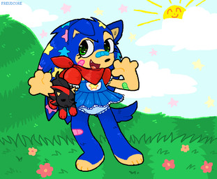 anthro band-aid band-aid_on_face bandage bandage_on_face black_body black_fur blue_body blue_clothing blue_dress blue_fur blue_tail blush bottomwear clean_diaper clothed clothing cloud crossdressing diaper diaper_under_clothing dress duo feet flower frilly frilly_clothing fur grass green_eyes kerchief male neckerchief neckwear open_mouth open_smile outside paws plant print_clothing rainbow red_body red_clothing red_fur skirt sky smile solo standing star sun sunflower tail tan_body wearing_diaper freudcore sega sonic_the_hedgehog_(series) sonic_the_hedgehog eulipotyphlan hedgehog mammal 2024 digital_media_(artwork)