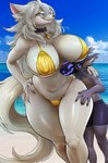 anthro beach big_breasts biped breasts clothed clothing duo eyelashes female hair huge_breasts larger_female machine male male/female pupils size_difference smile swimwear thick_thighs kittellox_(artist) nyova raeal_the_protogen canid canine canis mammal protogen wolf 2024 digital_media_(artwork) hi_res