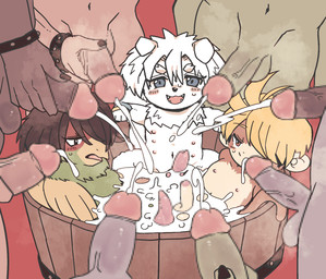 anthro balls beak black_hair blonde_hair blush bodily_fluids censored_genitalia censored_penis cum cum_bath erection genital_fluids genitals glans group hair humanoid_genitalia humanoid_penis male male/male penis tail trio_focus vein veiny_penis white_hair young young_anthro young_male saigordon momotarou_(folklore) avian bird canid canine canis domestic_dog galliform haplorhine mammal monkey phasianid pheasant primate censored hi_res mosaic_censorship
