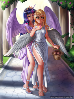 basket blonde_hair clothed clothing column container dress duo feathered_wings feathers feet female food footwear grey_body grey_feathers hair holding_object horn jewelry long_hair muffin multicolored_hair necklace purple_body purple_eyes purple_feathers sandals shoes spread_wings wings yellow_eyes racoon-kun friendship_is_magic hasbro my_little_pony derpy_hooves_(mlp) twilight_sparkle_(mlp) animal_humanoid equid equid_humanoid equine equine_humanoid humanoid mammal mammal_humanoid 2018 digital_media_(artwork) hi_res
