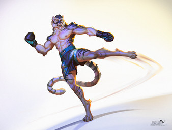abs action_pose anthro arm_tuft barefoot boxing_gloves boxing_shorts claws clothed clothing elbow_tuft feet foot_tuft fur hair handwear heel_tuft kick male motion_lines multicolored_body multicolored_fur muscular muscular_anthro muscular_male neck_tuft nipples paws pecs pose simple_background solo stripes teeth text toe_claws topless topless_anthro topless_male tuft whisker_spots yellow_eyes saltamor felid mammal pantherine tiger 2026 artist_name digital_media_(artwork) watermark