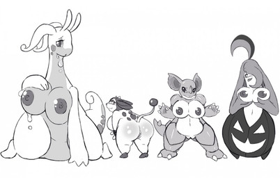 anthro big_breasts big_butt blush breast_grab breasts butt female genitals group hand_on_breast huge_breasts nipples presenting presenting_hindquarters slightly_chubby tail thick_tail tongue tongue_out vulva bantar2 mythology nintendo pokemon bovid bovine dragon gastropod generation_1_pokemon generation_2_pokemon generation_6_pokemon ghost goodra gourgeist mammal miltank mollusk mythological_creature mythological_scalie nidoqueen pokemon_(species) scalie spirit monochrome