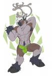 abs abstract_background anthro antlers armpit_hair athletic barefoot biceps big_muscles biped black_body black_fur body_hair brown_body brown_fur bulge chest_tuft clothed clothing cloven_hooves detailed_bulge feet flexing fur genital_outline green_clothing green_eyes green_underwear grey_body grey_fur grey_hair grin hair hand_behind_head hooves horn looking_at_viewer male muscular muscular_anthro muscular_male nipples pecs penis_outline pose raised_leg simple_background smile solo standing topless tuft underwear mnty mnty_(character) deer mammal new_world_deer reindeer