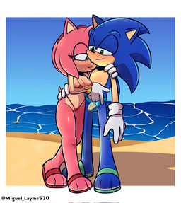 3_toes anthro balls beach bikini bikini_bottom bikini_top blush breasts clothed clothing duo feet female fingers flaccid footwear foreskin fur genitals gloves green_eyes hair handwear humanoid_genitalia humanoid_penis looking_at_genitalia looking_at_penis male male/female narrowed_eyes outside partially_retracted_foreskin penis pink_body sand sandals seaside shoes simple_background smile speedo standing string_bikini swimwear tail toes translucent translucent_clothing translucent_speedo translucent_swimwear two-piece_swimsuit water miguel_layme sega sonic_the_hedgehog_(series) amy_rose sonic_the_hedgehog eulipotyphlan hedgehog mammal digital_media_(artwork) hi_res