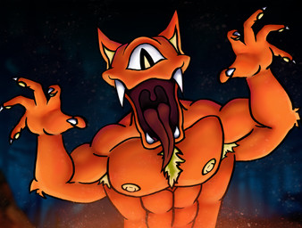 1_eye abs anthro arm_tuft armpit_hair body_hair campfire claws clothed clothing forest_background long_tongue male male_anthro muscular muscular_anthro muscular_male night nipples open_mouth orange_body pointy_ears raised_arms sharp_teeth solo teeth tongue topless topless_anthro topless_male tuft uvula warm_lighting yellow_nipples bat_rastard kirby_(series) nintendo domestic_cat felid feline felis mammal scarfy absurd_res half-length_portrait hi_res portrait
