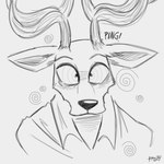 anthro antlers blank_expression clothing cross-eyed deer_ears horn hypnosis male mind_control ringed_eyes shirt simple_background snout solo spiral topwear boxidle beastars louis_(beastars) cervine deer mammal red_deer 1:1 hi_res monochrome