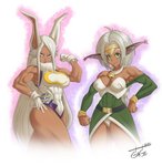 bell big_breasts breasts cleavage clothed clothing collar dark_body dark_skin duo female hair hand_on_hip jingle_bell looking_at_viewer muscular muscular_female pose white_hair gage_(artist) my_hero_academia outlaw_star aisha_clanclan rumi_usagiyama animal_humanoid ctarl-ctarl felid felid_humanoid humanoid lagomorph lagomorph_humanoid leporid_humanoid mammal mammal_humanoid rabbit_humanoid 2020 hi_res