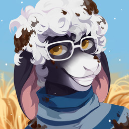 ambiguous_gender anthro black_body black_fur blue_clothing blue_sky blue_topwear brown_pupils clothed clothing detailed_background dirty eyewear floppy_ears fur glasses grin hair looking_at_viewer mud orange_eyes pupils sky smile solo topwear unsigned white_body white_fur white_hair corzh77 bovid caprine mammal sheep 1:1 2019 absurd_res bust_portrait detailed hi_res icon portrait