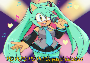 anthro armwear black_armwear black_bottomwear black_clothing black_nose black_skirt blue_necktie bottomwear breasts clothed clothing cosplay dialogue electronics eyelashes female front_view fur green_body green_eyes green_fur grey_clothing grey_topwear holding_microphone holding_object microphone necktie open_mouth open_smile skirt smile solo tan_body tan_fur text thick_thighs topwear twintails_(hairstyle) wide_hips jeanart sega sonic_the_hedgehog_(series) vocaloid fan_character hatsune_miku eulipotyphlan hedgehog mammal hi_res