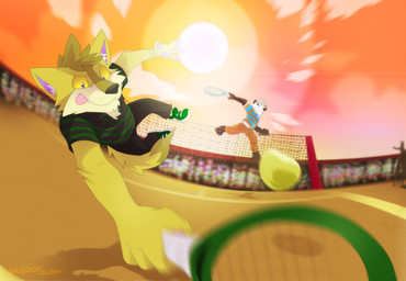 4_fingers anthro ball barefoot baseball_cap black_body black_fur black_nose bottomwear brown_eyes clenched_teeth clothing collared_shirt day detailed_background diving duo feet fingers footwear fur hair hat headgear headwear holding_object inner_ear_fluff jumping male motion_blur net outside pants perspective playing_sport polo_shirt shirt shoes short_hair sky sport sun tail teeth tennis tennis_ball tennis_court tennis_net tennis_racket tongue tongue_out toony topwear tuft white_body white_fur yellow_body yellow_fur yellow_sclera super-tuler tairu bear canid canine canis coyote giant_panda mammal hi_res