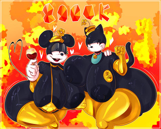 anthro big_breasts big_butt black_body breasts butt clothing container cup drinking_glass duo female glass glass_container glass_cup golden_clothing hat headgear headwear huge_breasts huge_butt legwear stockings wine_glass rabbit5gamer disney golden_week minnie_mouse ortensia domestic_cat felid feline felis mammal mouse murid murine rodent hi_res