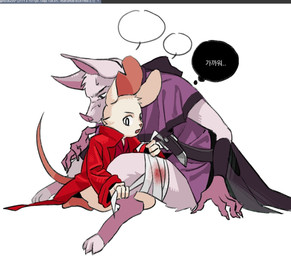 anthro bandage bandaged_leg bat_nose big_ears blood_on_bandage bodily_fluids clothing duo female fur larger_male longcoat male notched_ear purple_clothing red_clothing simple_background size_difference smaller_female sweat tail white_body white_fur gptroh20040 mina_the_hollower yacht_club_games mina_(mina_the_hollower) thorne_(mina_the_hollower) bat mammal mouse murid murine rodent hi_res sketch